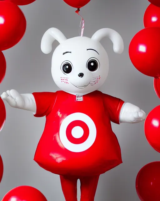 Prompt: target mascot bullseye in front of target logo artistic ad campaign closeup Portrait photo Leica Zeiss red balloons everywhere