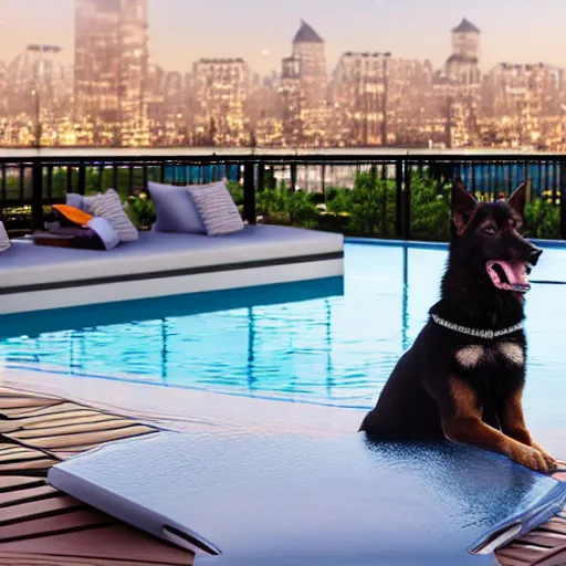 Prompt: a swanky gsd puppy relaxing at a swanky pool on a swanky penthouse rooftop with a futuristic blimp anchor in the background, 8K, 4K, photorealistic, ultrarealistic, UE5, Octane, 3D, digital art, RTX, Ray Tracing, Bokeh, happening vibe