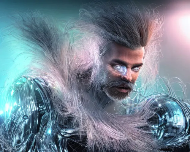 Image similar to realistic textured magnetosphere, beautiful hairy humanoids, love, joy, complex cybernetic beings, glowing hair, vortexes, large array, ornate hair, cinematic light shadows, wet hdr refractions, insanely detailed rendering, cybernetic civilizations, 8 k, * * * * *