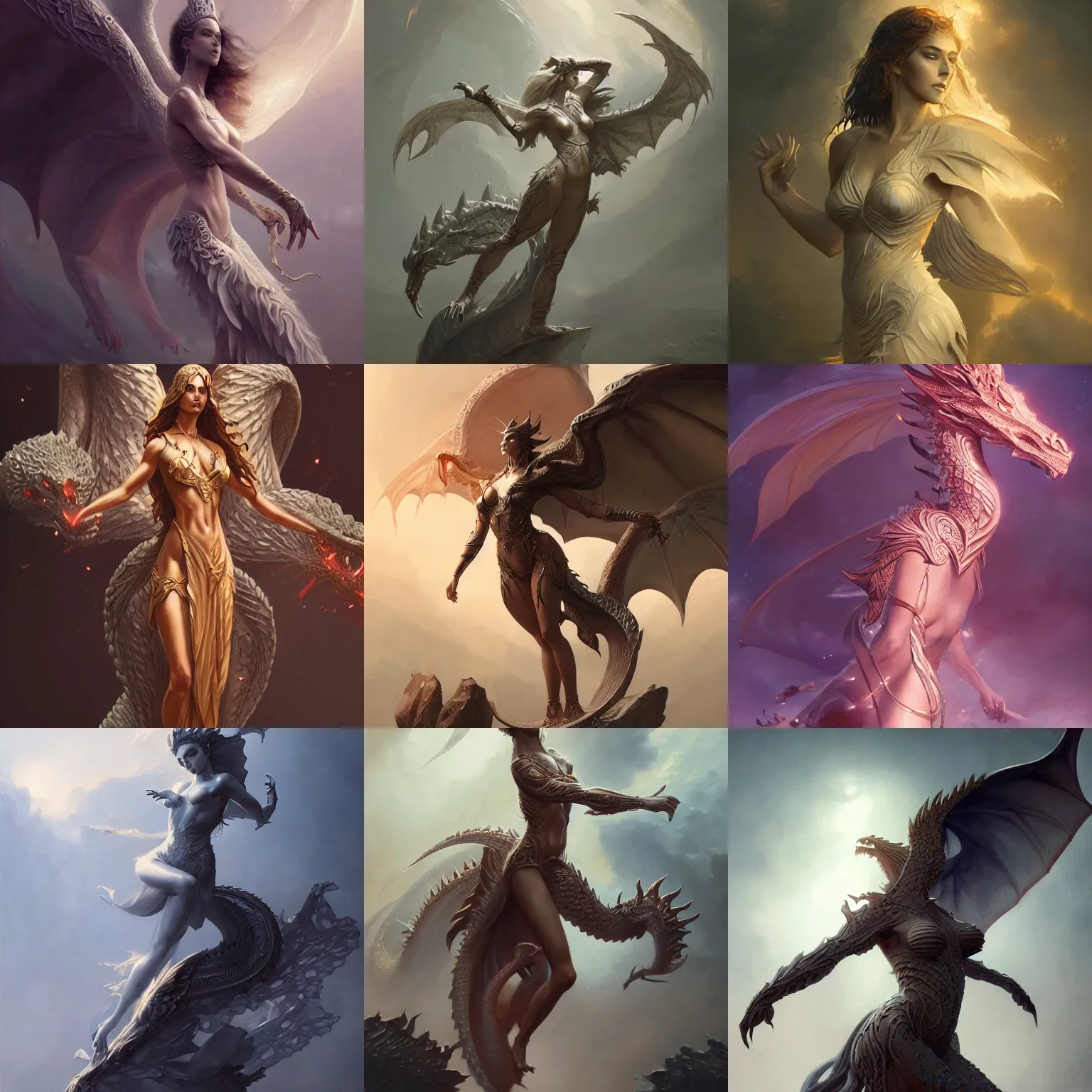 Prompt: gorgeous dynamic pose full body celestial goddess of dragons, intricate, elegant, highly detailed, digital painting, artstation, concept art, smooth, sharp focus, illustration, art by greg rutkowski 4K IMAX hyperrealistic,