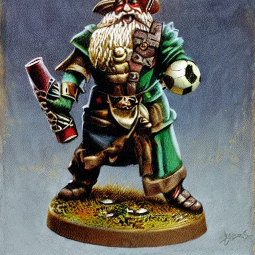 Image similar to Warhammer fantasy dwarf holding a football, by John blanche