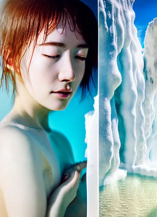 Image similar to Kodak Portra 400, 8K, soft light, volumetric lighting, highly detailed, portrait photo of Rena Nounen by WLOP, the face emerges from a Pamukkale, thermal waters flowing down white travertine terraces with lotus flowers, inspired by Ophelia paint , blue shirt and hair are intricate with highly detailed realistic beautiful flowers , Realistic, Refined, Highly Detailed, ethereal lighting colors scheme, outdoor fine art photography, Hyper realistic, photo realistic, masterpiece