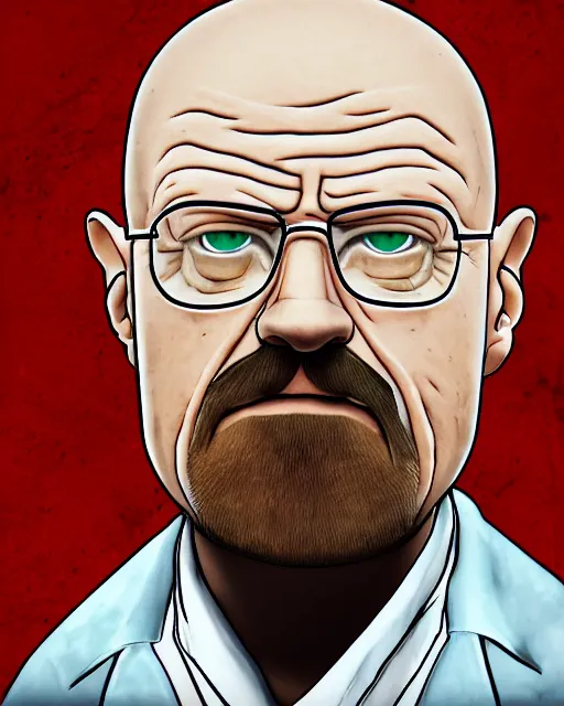 Image similar to portrait of walter white in the style of justin roiland. heisenberg from breaking bad. cinematic lighting. style of rick & morty. photographic, photography. by justin roiland