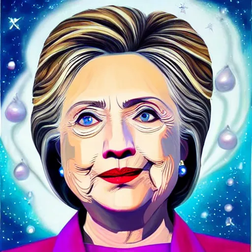 Image similar to dramatic painting of hillary clinton wearing diamonds and pearls, floating in outer space, painted by an unknown russian amateur