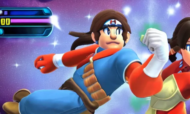Prompt: 4k Super Smash Brothers screenshot of Korra punching Mario