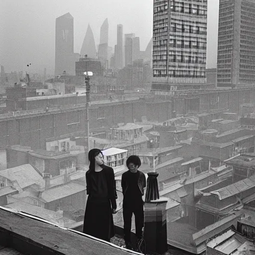 Image similar to a small rooftop with a couple of modern teenagers, standing and talking to each other, highly detailed, wearing black modern clothes, modern shanghai bund is on the background, dust, sunset, by gregory crewdson