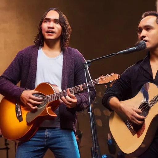 Prompt: Carlos Valdes and Frank Dillane playing guitar and singing on a stage