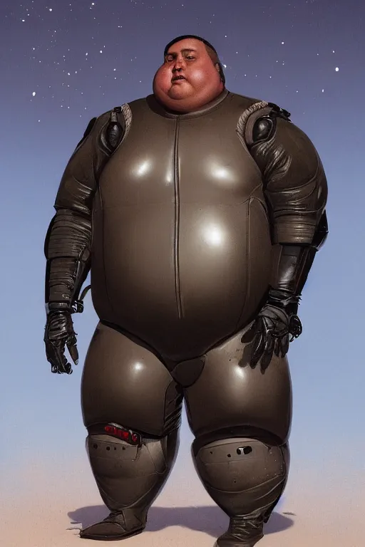 Image similar to upper body portrait of a morbidly obese man wearing leather spacesuit, bionic eye, detailed, illustration by normal rockwell, artstation character art, john william waterhouse, concept art, greg rutkowski