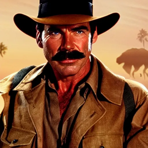 Image similar to A still of Tom Selleck as Indiana Jones from Raiders of the Lost Ark. Extremely detailed. Beautiful. 4K. Award winning.