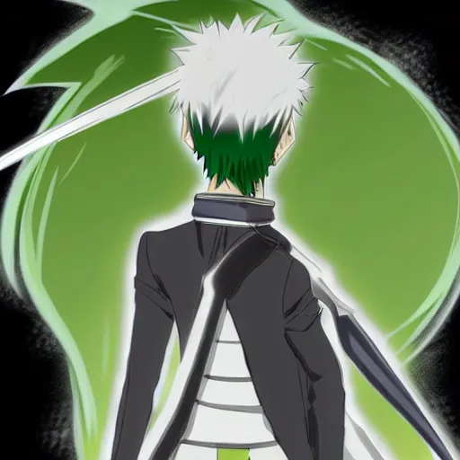 Image similar to male fencer, anime style, green hair, dark, animated, animation, detailed, illustration, moody