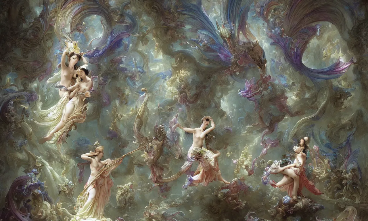 Prompt: a luminous springtime fairytale of an iridescent magical dragon playing the harp in the romantic courtyard of a baroque white marble cathedral with stained glass windows. Neon light, masterpiece 4k digital illustration by Ruan Jia and Mandy Jurgens and william-adolphe bouguereau, award winning, Artstation, Gustave Dore' background, intricate details, realistic, panoramic view, volumetric lighting, Hyperdetailed, 8k resolution, intricate art nouveau, golden hour, rendered in Unreal Engine 3