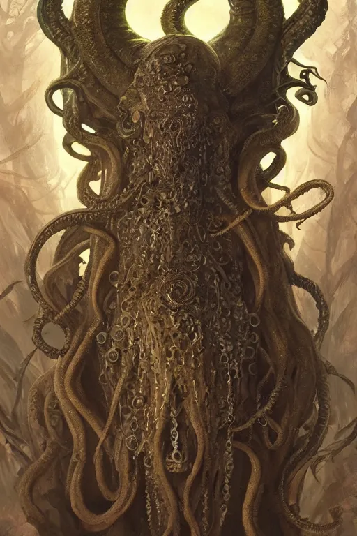 Image similar to a portrait of a anthropomorphic an ancient cthulhu goddess, D&D, fantasy, intricate, highly detailed, digital painting, artstation, concept art, smooth, sharp focus, illustration, art by caravaggio and artgerm and greg rutkowski and alphonse mucha