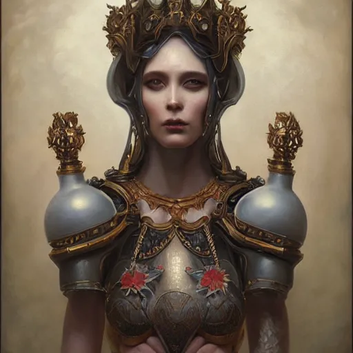 Image similar to soft painting portrait of a curiosities carnival gods, blessing, porcelain beautiful full armor, perfectly detailed, symmetrical accurate intricate sensual features, highly detailed, artstation, sharp focus, tom bagshaw esao andrews