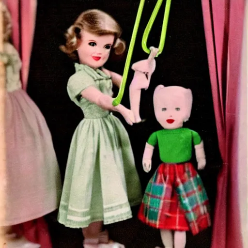 Image similar to 1 9 5 0 s, evil children toys on strings, coming to life, doll phobia, horror, jump scare, pov, polaroid,