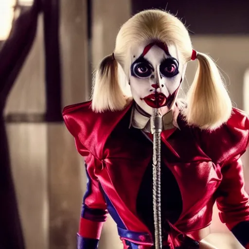 Image similar to Film still of Lady Gaga as Harley Quinn from Joker (2019)