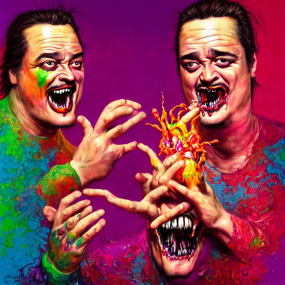 Prompt: bright psychedelic mike patton eating rotten flesh, smiling and puking, diffuse lighting, fantasy, intricate, elegant, highly detailed, lifelike, photorealistic, digital painting, artstation, illustration, concept art, smooth, sharp focus, art by francis bacon