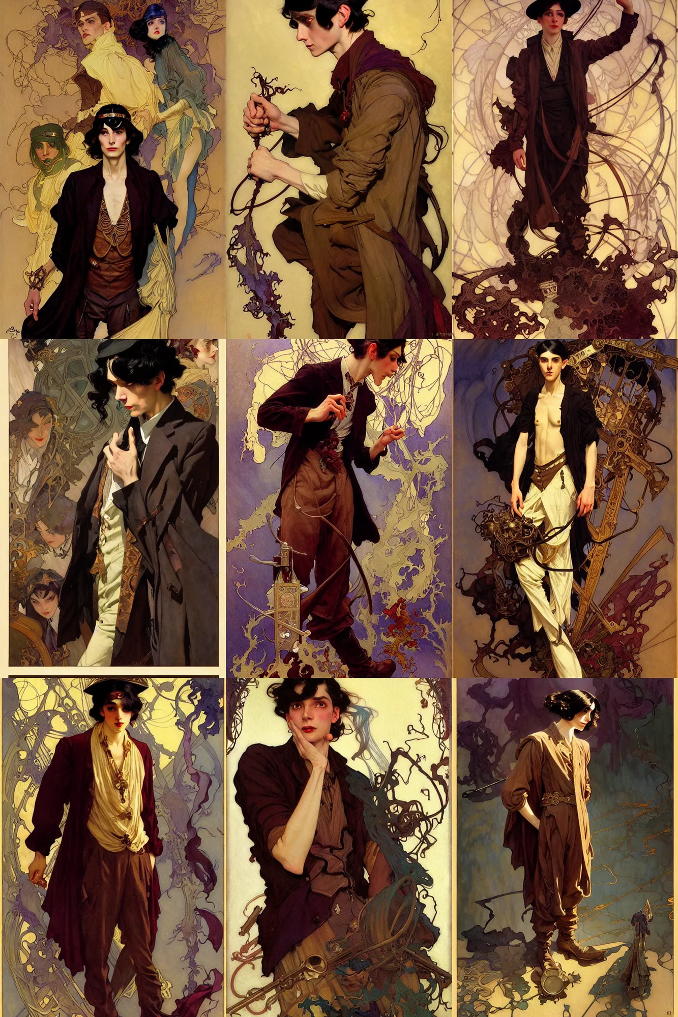 Prompt: thin young male alchemist, long dark hair, 1 9 2 0 s fashion, fantasy, art by joseph leyendecker, peter mohrbacher, ruan jia, finnian macmanus, marc simonetti, dean cornwell, ayami kojima, vasnetsov, cedric peyravernay, alphonse mucha