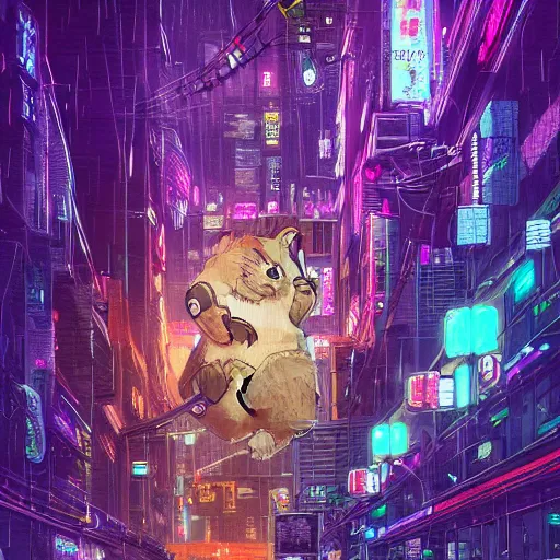 Prompt: high detailed humanized hamster in a cyberpunk rainy city at night by josan gonzalez, purple and blue neons, unreal engine, high quality, 4 k, uhd, trending on artstation, wires, blade runner vibes, ghost in the shell, akira, dorohedoro