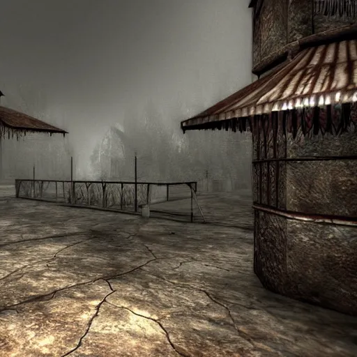 Image similar to half silent hill half morrowind, realistic, highly detailed