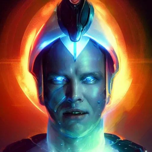 Image similar to portrait of a beautiful force of the good light seraphim male futuristic angel, volume lighting, concept art, by greg rutkowski!!, colorful, xray melting colors!!