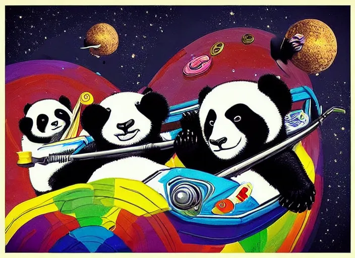 Prompt: “ an entire family of pandas in tuxedos and dresses riding in a speedboat with yung gravy on a rainbow in outer space. created in the style of salvador dali. high detail. ”