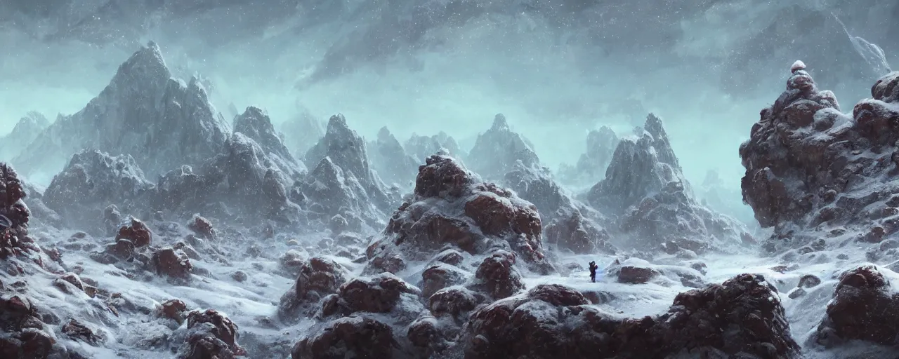 Prompt: ” outer planet with snow topped rock archs mountains, [ art by paul lehr, cinematic, detailed, epic, widescreen, opening, establishing, mattepainting, photorealistic, realistic textures, octane render ] ”