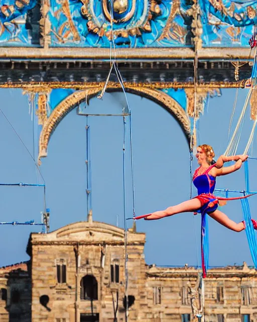 Prompt: beautiful female in aerial lyra performance, acrobat, intricate detail, electric - blue castle in the background