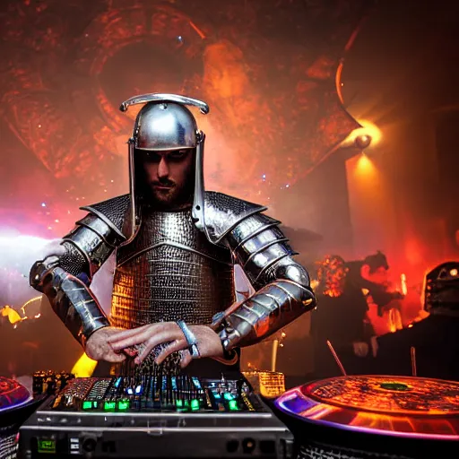 Image similar to photograph of a dubstep dj in holy knight armor djing during a medieval party, 8 k resolution, high detail