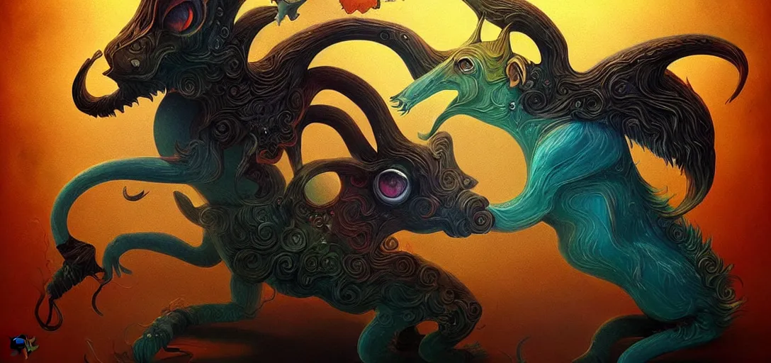 Image similar to strange mythical beasts of whimsy, surreal dark uncanny painting by ronny khalil