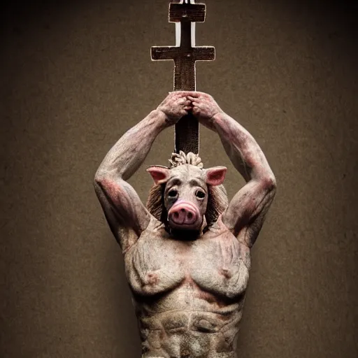 Image similar to a highly detailed realistic photographic render crucified humanoid pig, christ with the head of a pig, dead souls, religious sculpture, creepy, cinematic lighting, cinematic scene, Volumetric lighting, Atmospheric scene, Dark, Horror, Atmospheric lighting, Global illumination, realistic, photo realism, hyper realistic, hyper realism, photo realisitc, cinematic render, film, beautifully lit, ray traced, octane 3D render, octane render, unreal engine