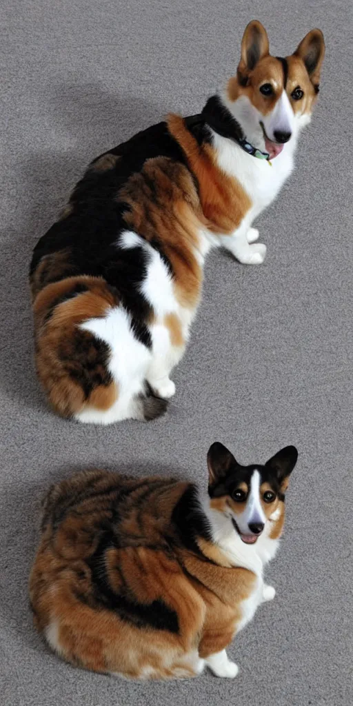 Image similar to corgi weaing saddle, cat at the top, realistic photo