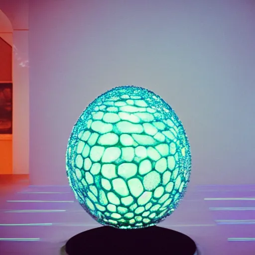 Prompt: annie liebowitz portrait of a tron dinosaur egg made up of glowing electric plates, sitting on a glowing glass pedestal. cinestill