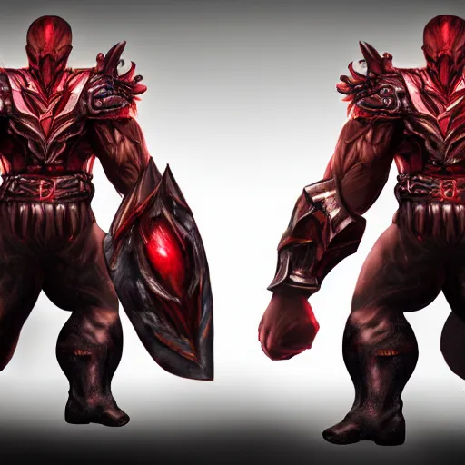 Prompt: a highly detailed character portrait of a muscular man wearing a epic shadow armor with glowing red eyes concept art