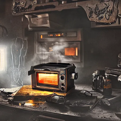 Image similar to cyborg toaster oven repairman, dark messy smoke - filled cluttered workshop, dark, dramatic lighting, orange tint, sparks, plasma rays, cinematic, highly detailed, sci - fi, futuristic, movie still, rule of thirds composition