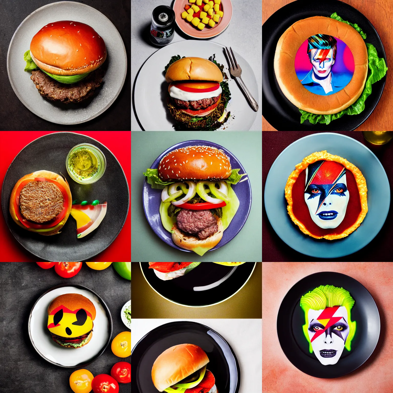 Prompt: professional food photography of a cheeseburger on a plate colored like David Bowie’s face paint