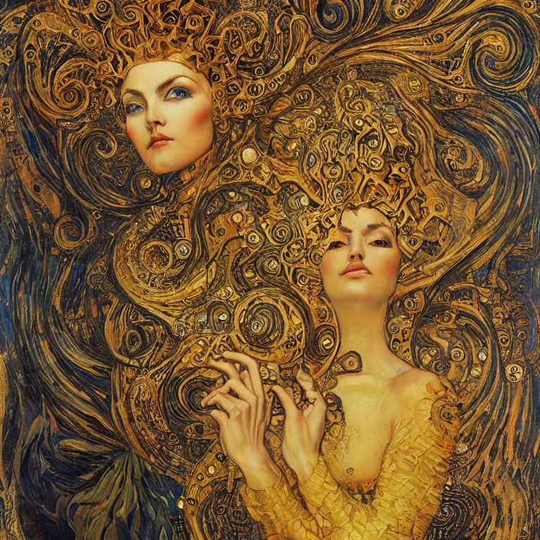 Prompt: Divine Chaos Engine by Karol Bak, Jean Deville, Gustav Klimt, and Vincent Van Gogh, celestial, visionary, sacred fractal structures, ornate gilded medieval icon, spirals, 8k 3D