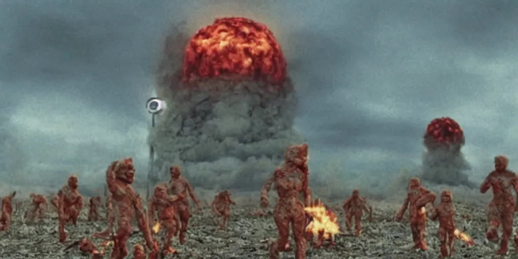 Image similar to the nuclear apocalypse as portrayed by tellytubbies