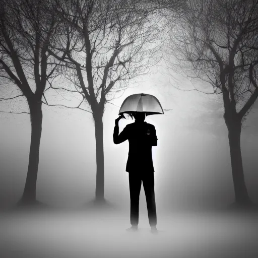 Prompt: black and white picture of a man holding an umbrella close to a tree, fog, completly out of focus, backlight, realistic abstract picture, mist, mysterious