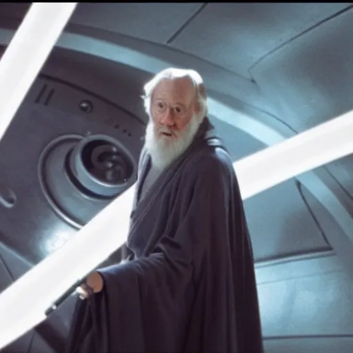 Prompt: albus dumbledore holding a lightsaber on the uss enterprise starship