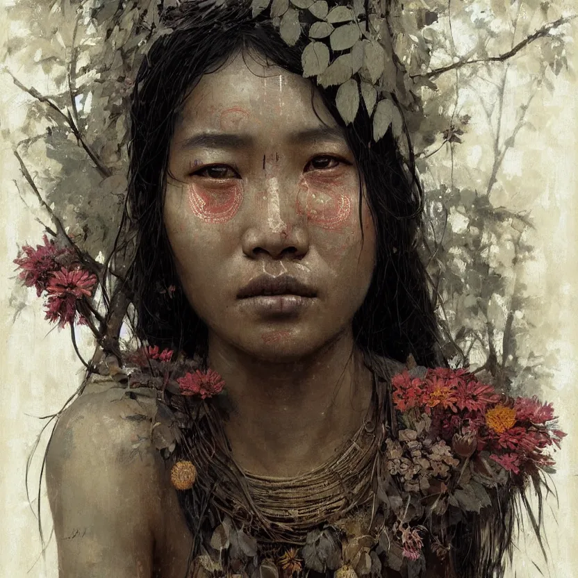 Image similar to detailed portrait of a tribal woman with asian eyes and thick lip forest girl, flowers and trees, by ismail inceoglu dragan bibin hans thoma greg rutkowski alexandros pyromallis nekro rene maritte illustrated, perfect face, fine details, realistic shaded, fine - face, pretty face