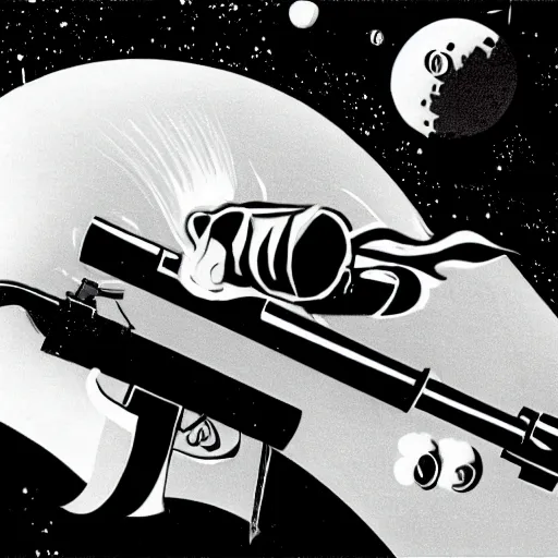 Image similar to a 1 9 2 0's bankrobber firing a tommy gun while floating in space