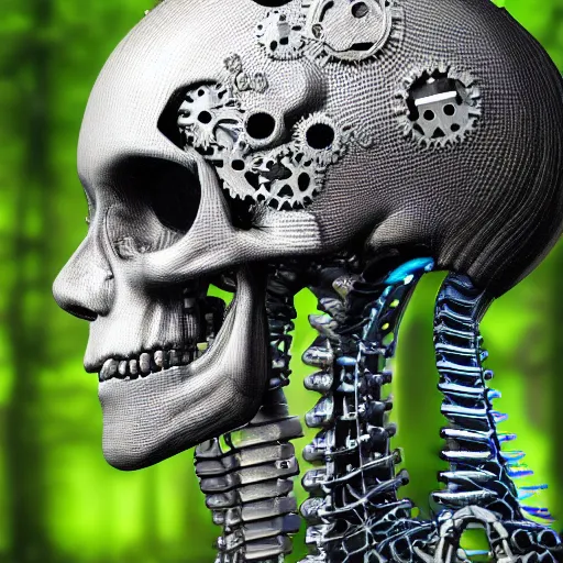 Image similar to very detailed portrait 55mm photo of a mechanical head without skin, with crystal bones and optic fiber nerves, gears in his head and cybernetic enhancements in it's skull. In the forest with bokeh. Ray tracing and tessellation. Very sharp high detailed 8k image