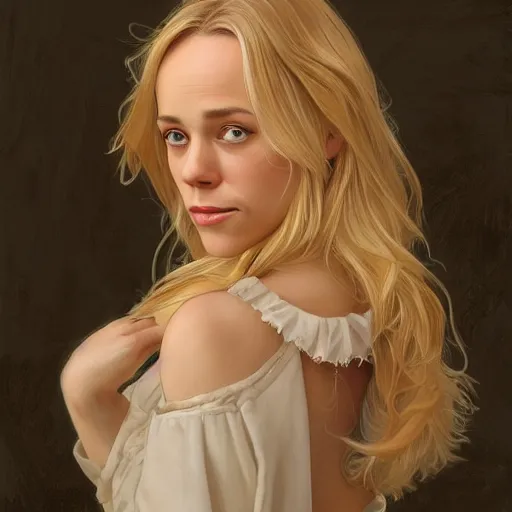 Image similar to Young blonde Rachel McAdams, highly detailed, digital painting, artstation, concept art, smooth, sharp focus, illustration, ArtStation, art by artgerm and greg rutkowski and alphonse mucha and J. C. Leyendecker and Edmund Blair Leighton and Katsuhiro Otomo and Geof Darrow and Phil hale and Ashley wood and Ilya repin and Charlie Bowater