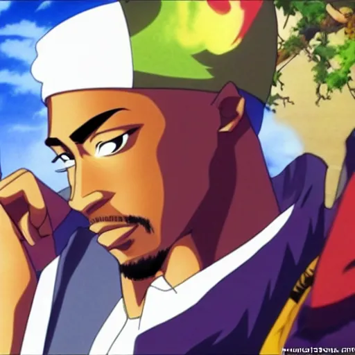 Image similar to Tupac Shakur, screenshot from a 2012s anime