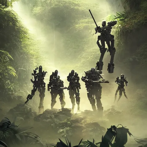 Image similar to Ragtag human militia fighting advanced humanoid combat robots in a jungle in 2020, combat photography by Feng Zhu, highly detailed, excellent composition, cinematic concept art, dramatic lighting, trending on ArtStation