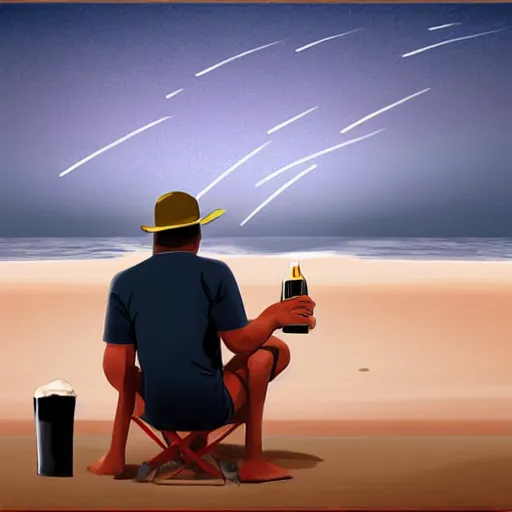 Prompt: man on beach drinking a beer while meteors are heading towards earth, digital art,