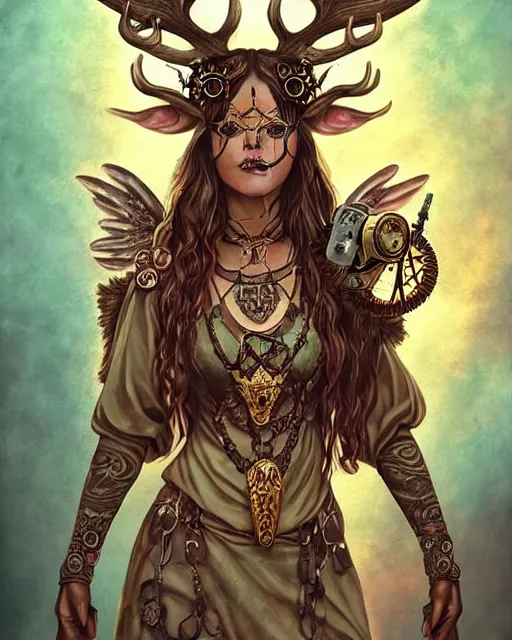 Image similar to beautiful fierce stag - headed anthropomorphic pagan druidic priestess of pentagrams with beetle wings and steampunk gun staff. noble bearing. award winning ornate symmetry matte portrait, artgerm, rhads watercolor, serenity