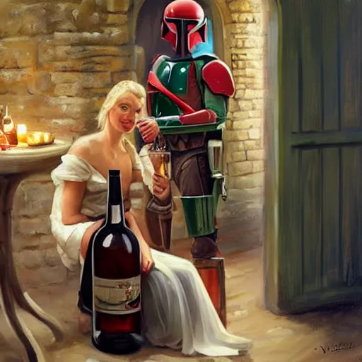 Image similar to (Boba Fett) and a beautiful young blonde drinking beer in a wine cellar, food, meat, schnapps, torches on the wall, romantic, inviting, cozy, painting by Vladimir Volegov