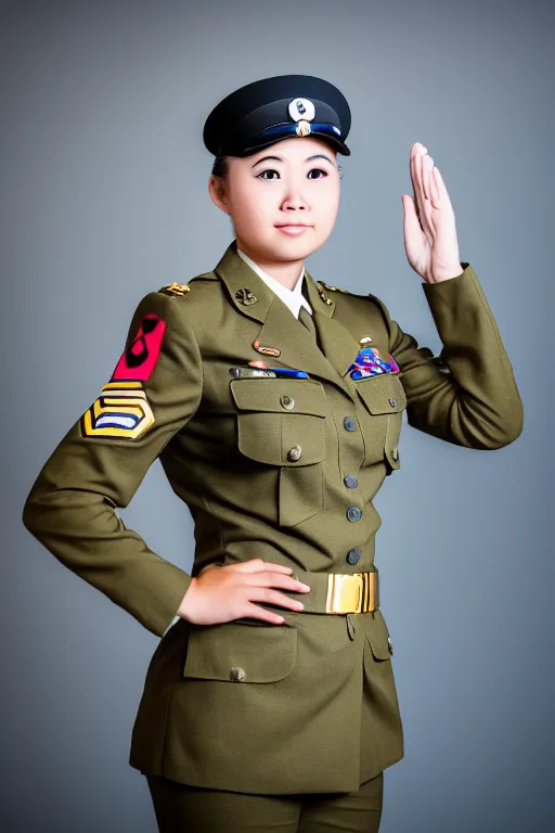 Prompt: full body photo of the beautiful girl in the general officer uniform, saluting towards the camera, sigma 8 5 / 1, 4 dg, ultra - hd, hcl, one point lighting, volumetric lighting, studio lightning