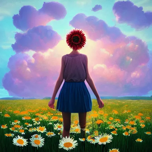 Image similar to head made of giant daisies, girl standing barefoot in a vast flower field, arms outstretched, surreal photography, sunrise dramatic light, impressionist painting, colorful clouds, large sky, digital painting, artstation, simon stalenhag, flower face